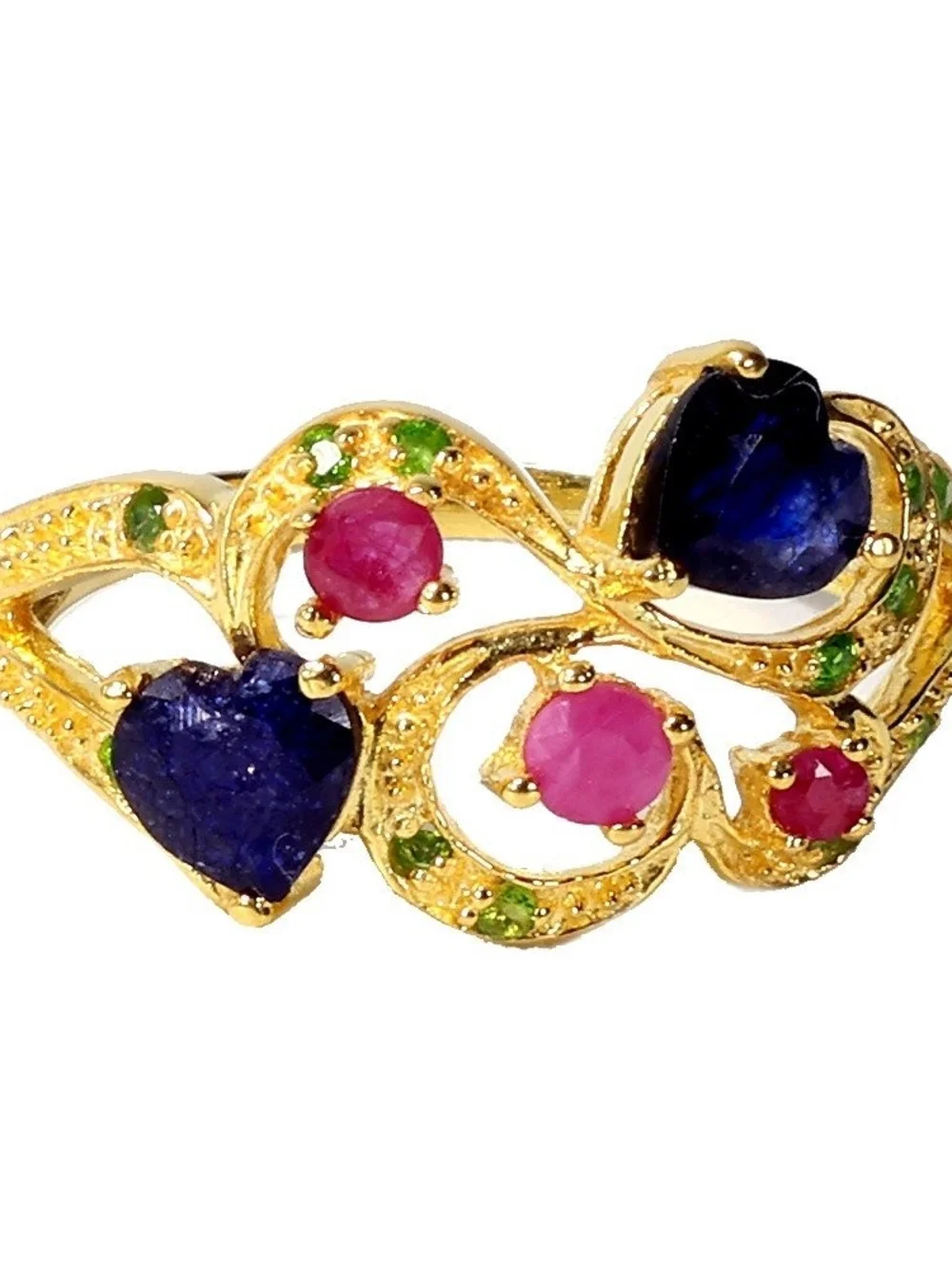 14k Gold Plated Silver Ring Blue Sapphire Hearts, Ruby, & Chrome Diopside Size 7